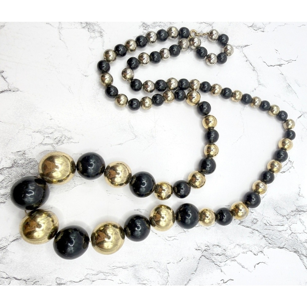 Black Gold Beaded Necklace Long 29" Graduated Statement Chain 8-18mm beads - Picture 2 of 5
